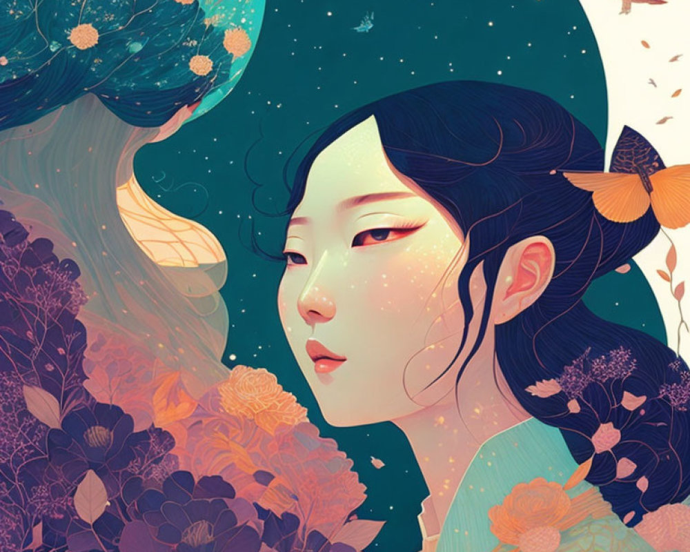 Illustration of woman with flower hair, night sky, butterflies, and bird