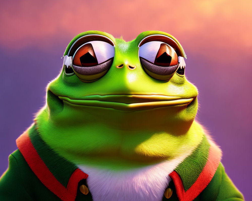 Stylized 3D illustration of green frog in human-like attire on purple backdrop