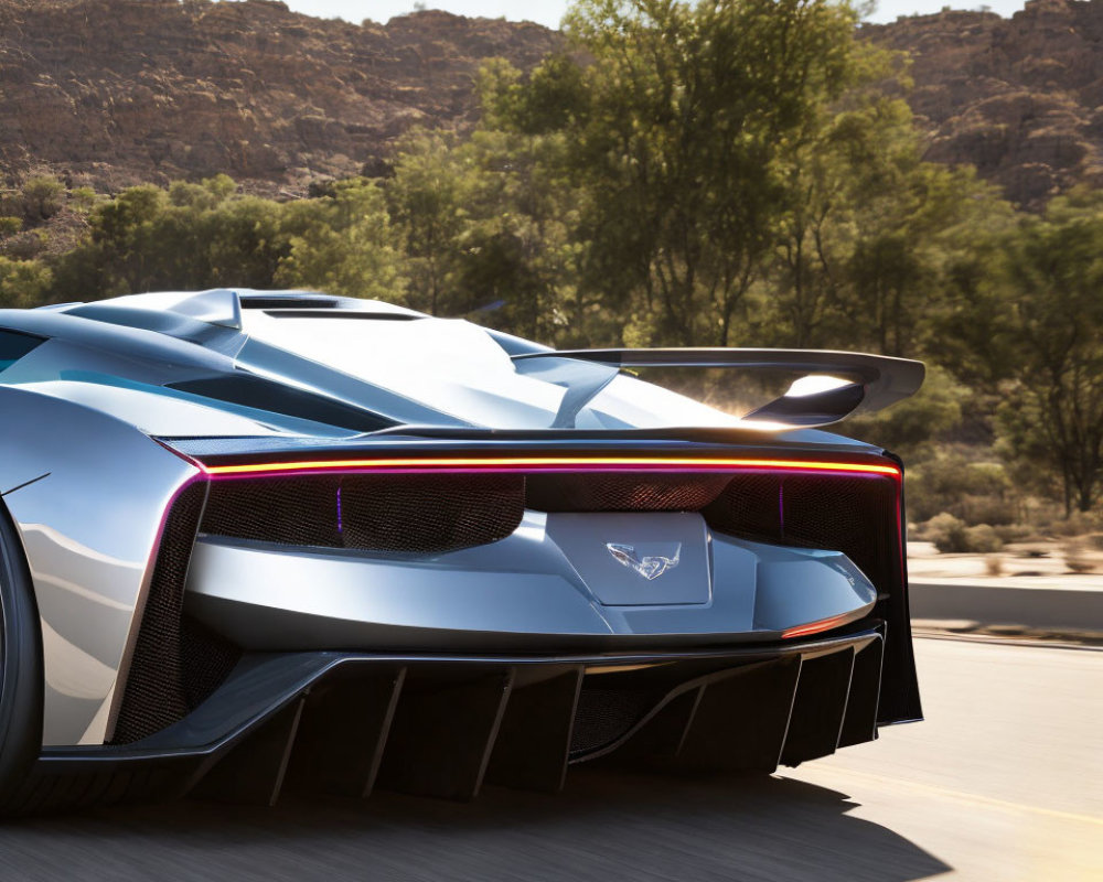 Blue Sports Car with Distinctive Taillights Speeding in Desert Landscape