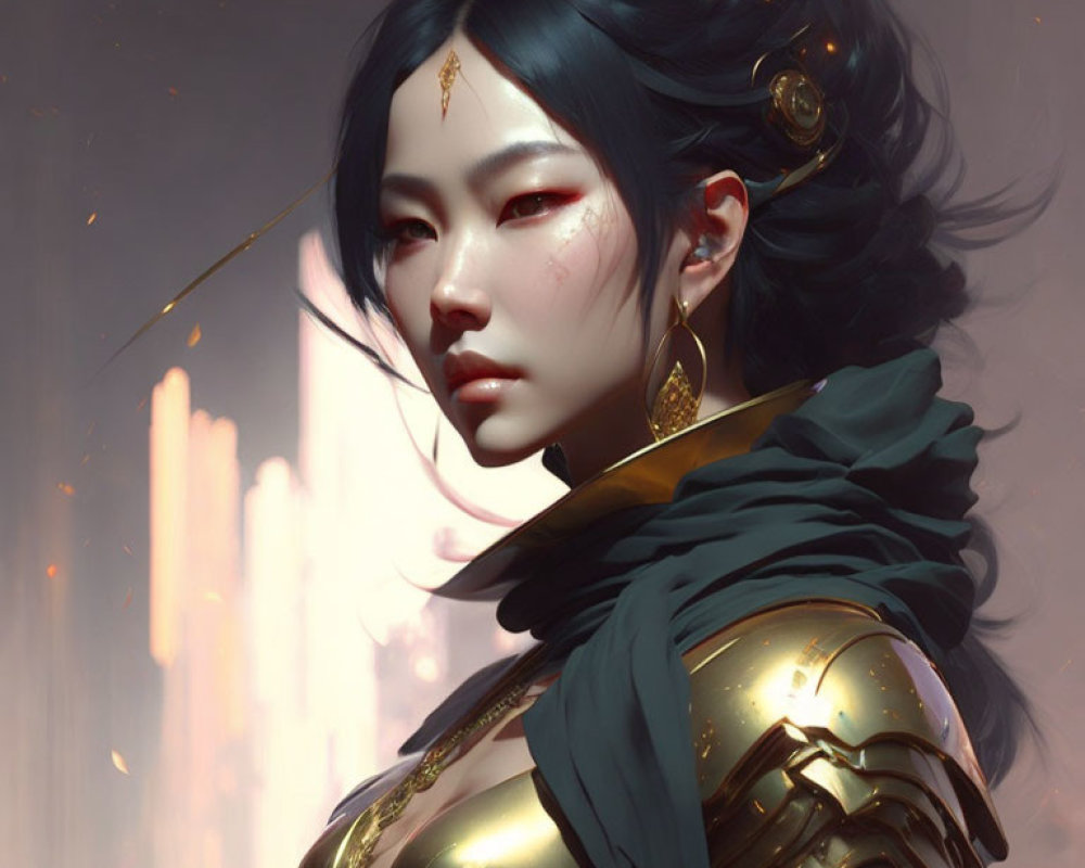 Dark-haired woman in golden armor and green cloak, contemplative gaze, cityscape backdrop.