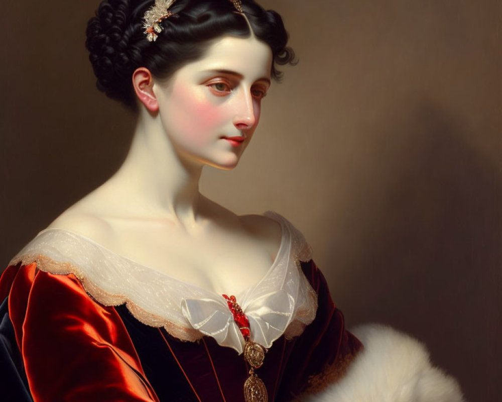 Elegant woman in red dress with fur trim and jeweled headpiece