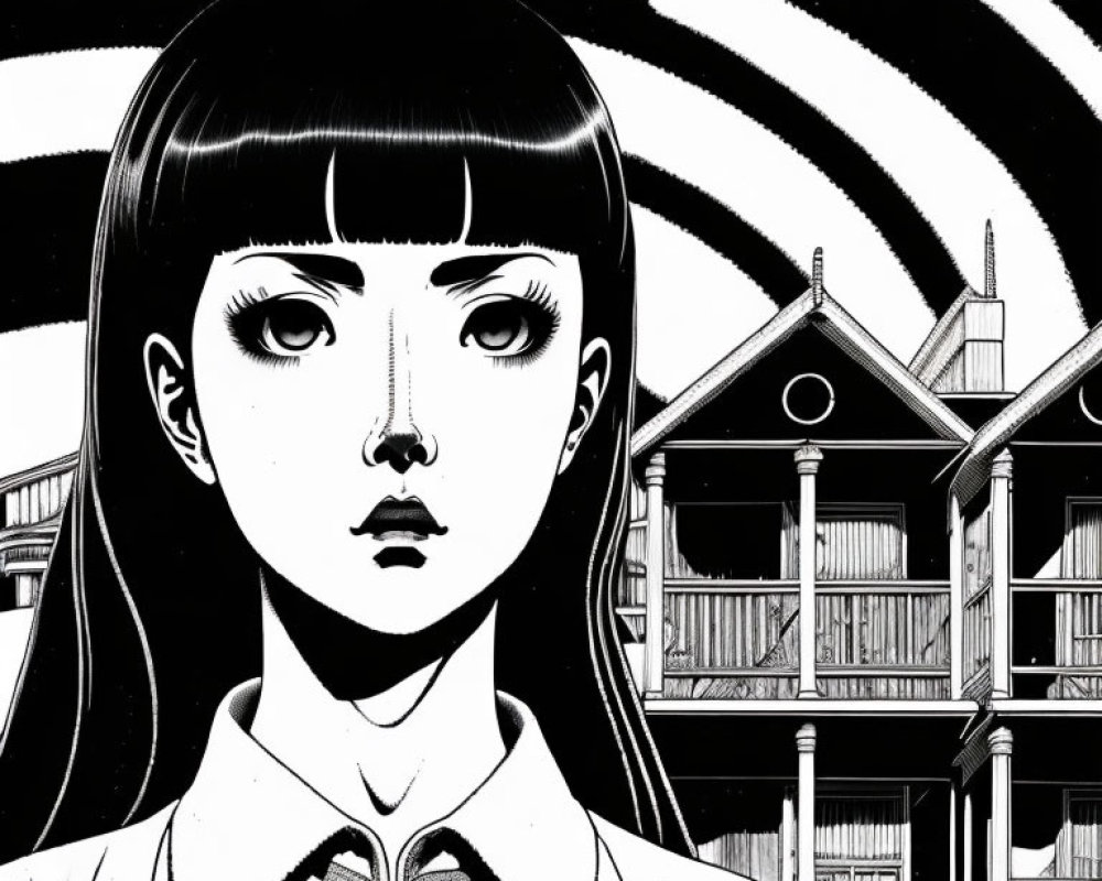 Monochrome illustration of a girl with bangs and ribbon collar, somber house, swirling sky