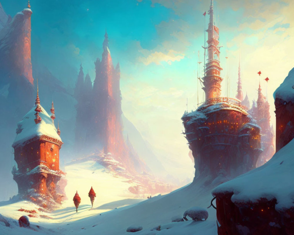 Snowy landscape with spires, travelers, and ornate castle at sunrise or sunset