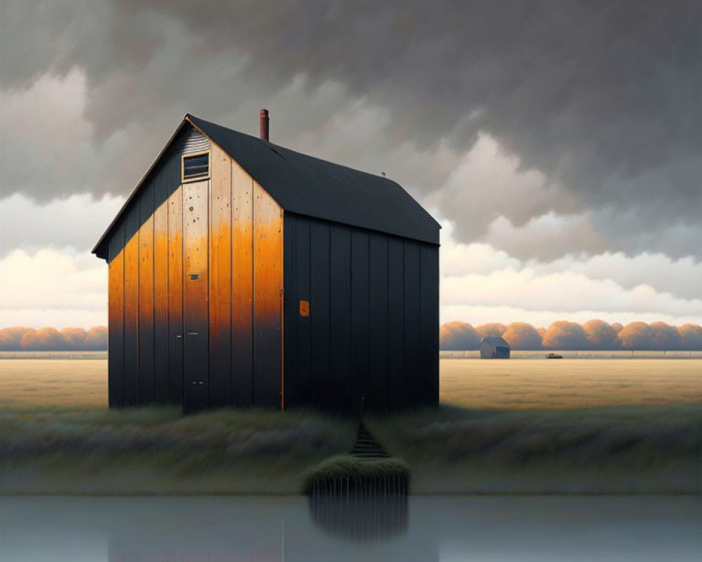 Dark barn under brooding sky with golden-lit door, reflective water, misty trees