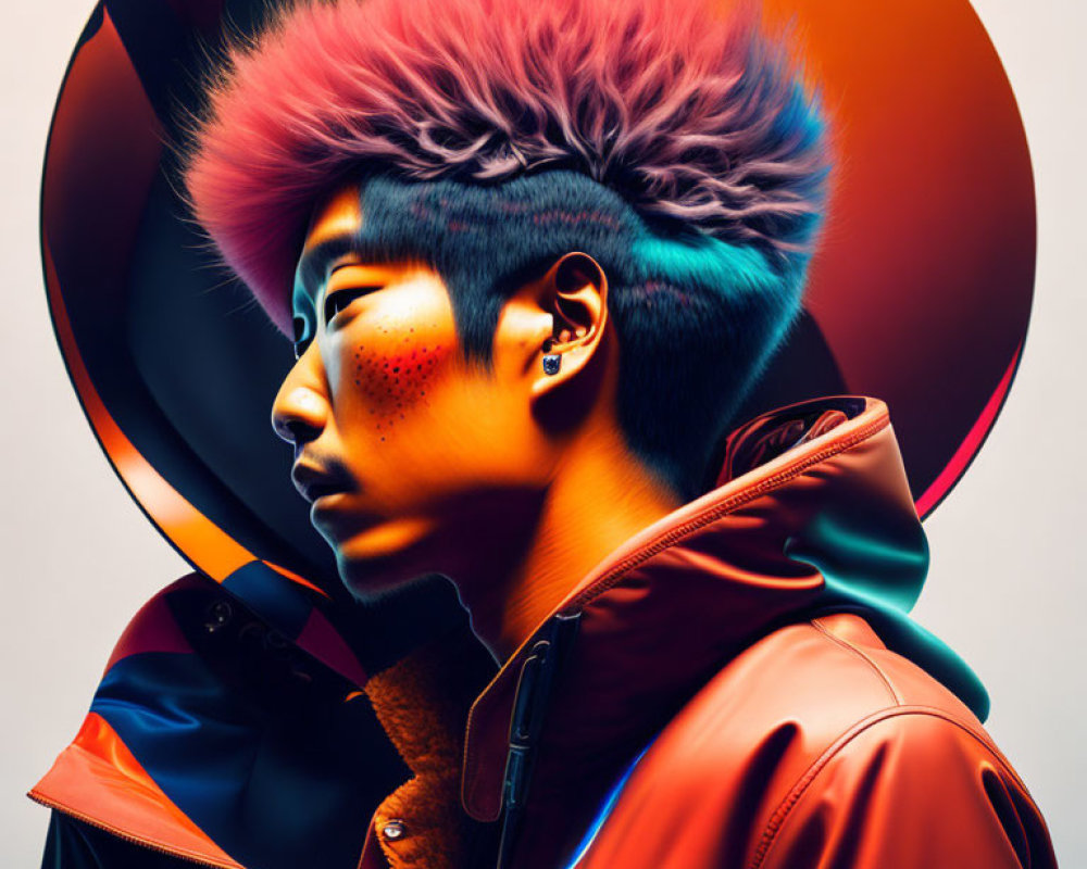 Portrait of person with pink-spiked hair, ear piercing, red jacket, against orange and blue gradient