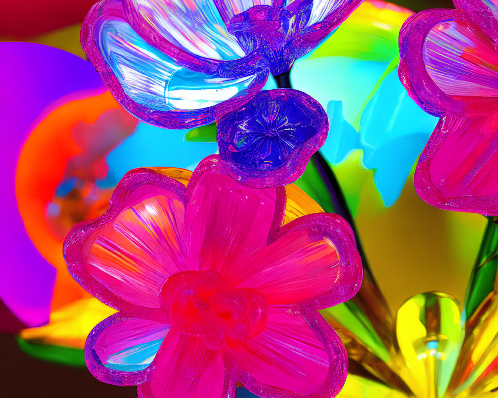 Vibrant translucent plastic flowers in blue, pink, yellow, and green.