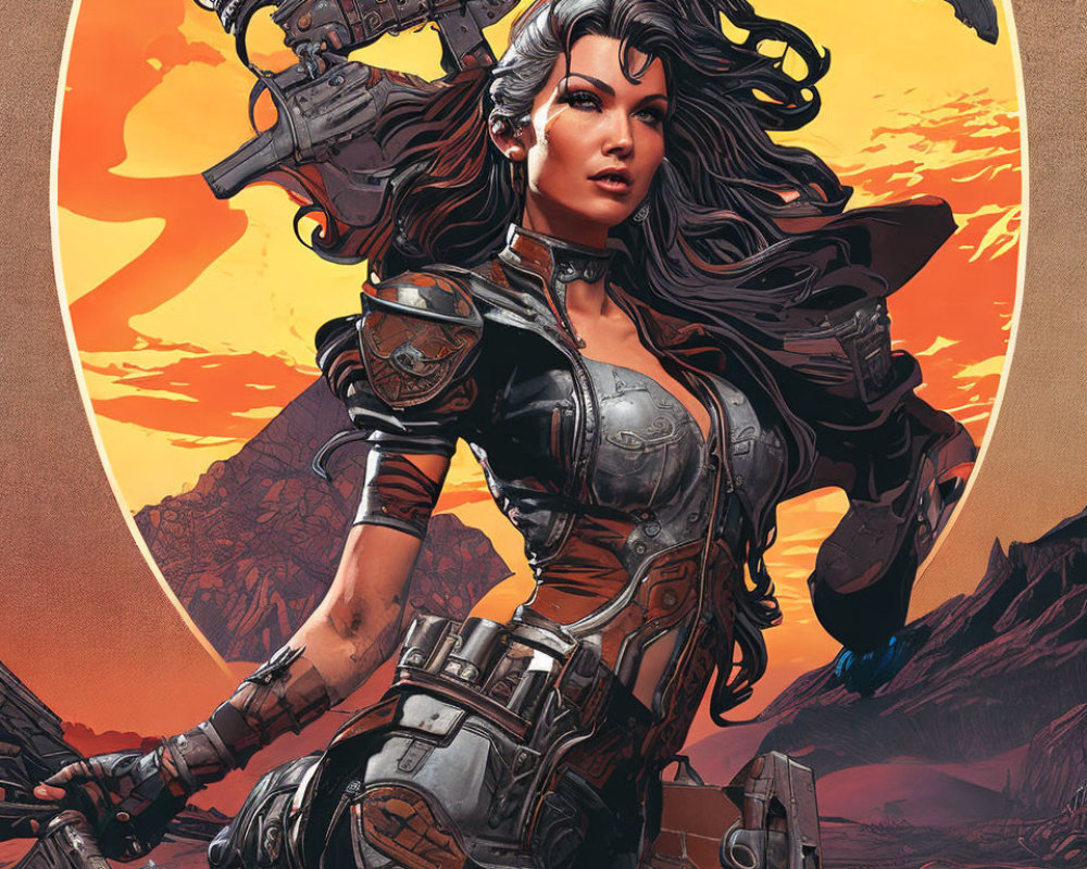 Detailed Female Warrior Illustration with Futuristic Weapons on Orange Background