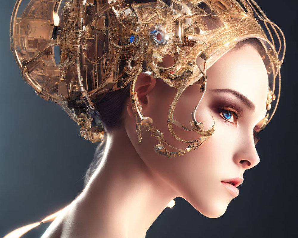 Female profile portrait with futuristic armor headpiece and blue eye.