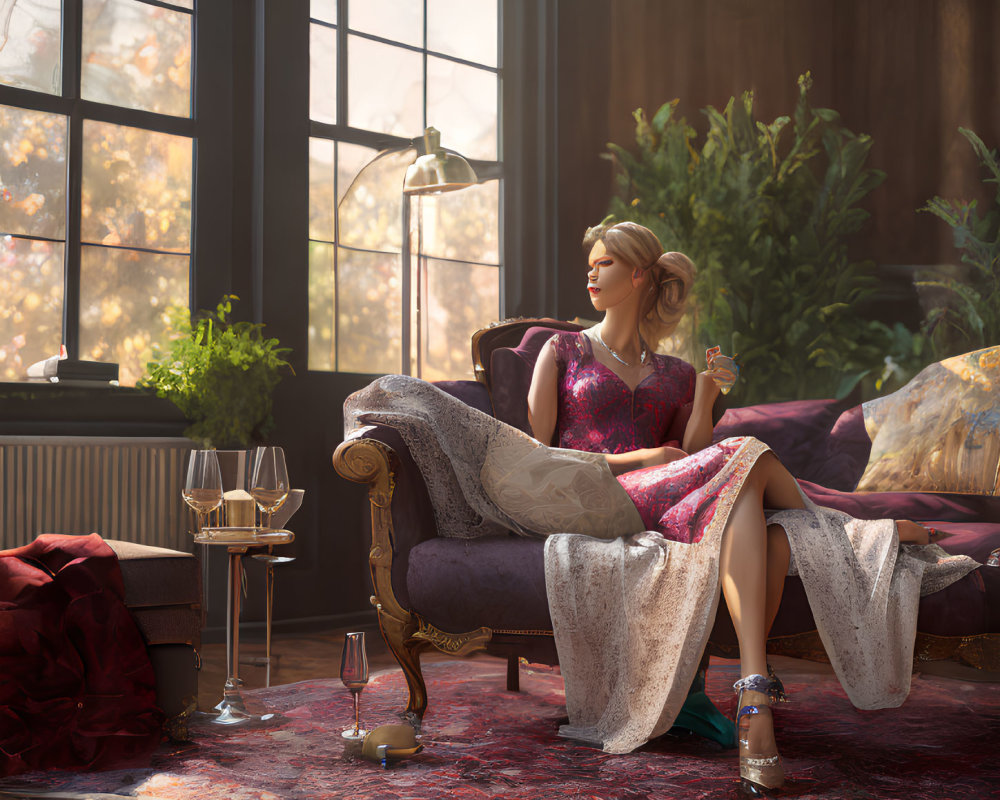 Woman relaxing in cozy room with glass, bathed in warm sunlight near large window.