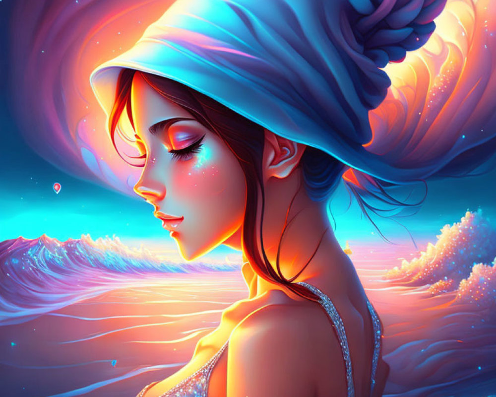 Vibrant blue and orange digital artwork of woman profile with dynamic sky