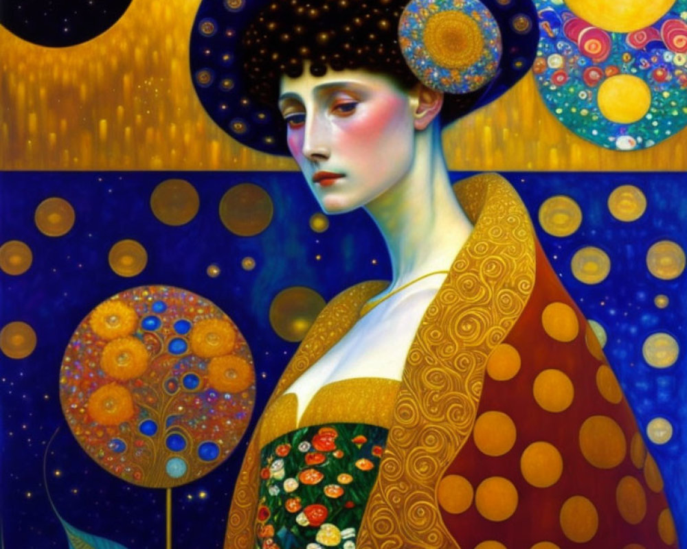 Colorful portrait of woman with starry background and Klimt-inspired landscape