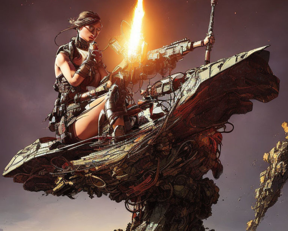 Female warrior on floating rock with weapon, fiery beacon in background