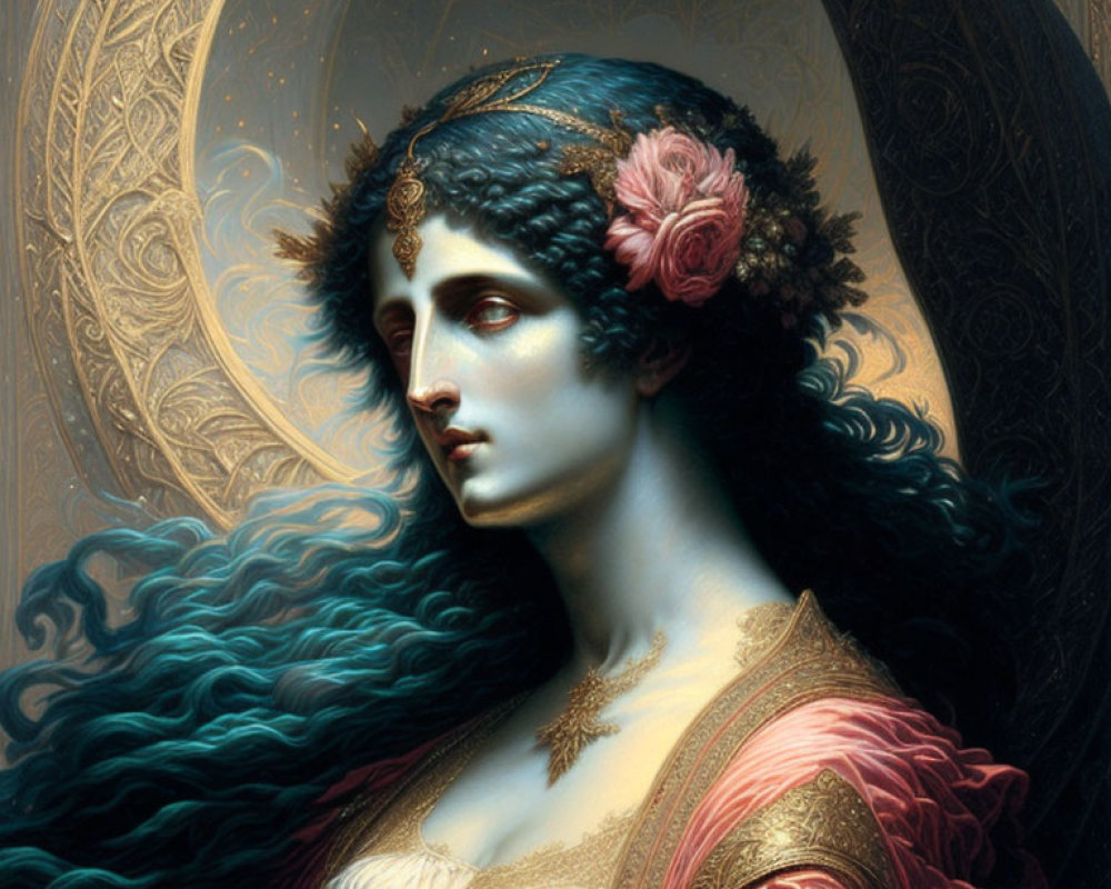 Detailed Artwork of Woman with Blue Hair and Golden Headpiece