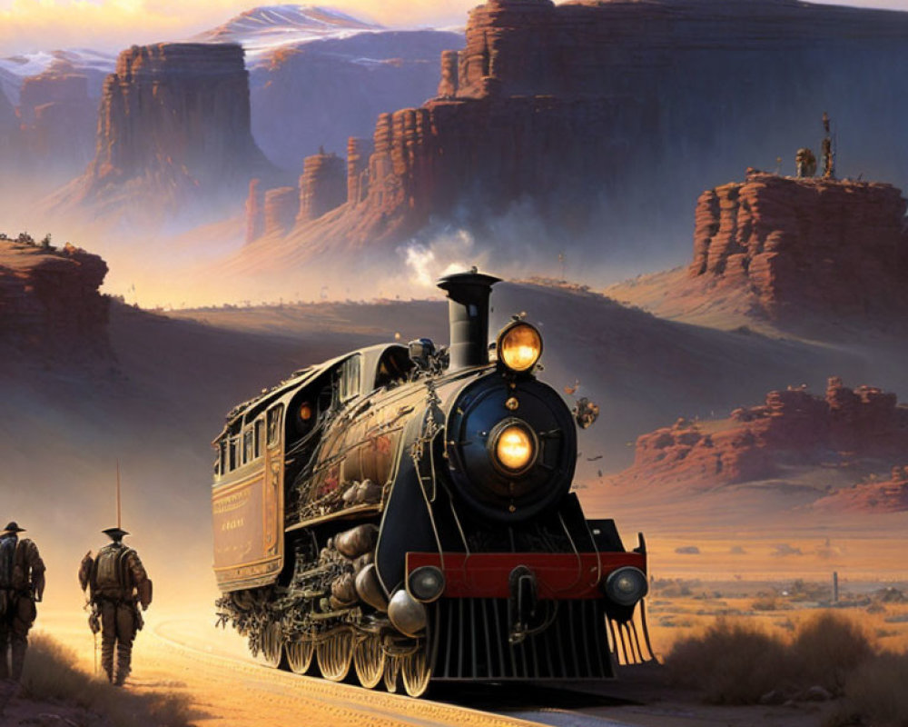 Vintage Steam Locomotive Travels Desert with Rock Formations & Horseback Riders