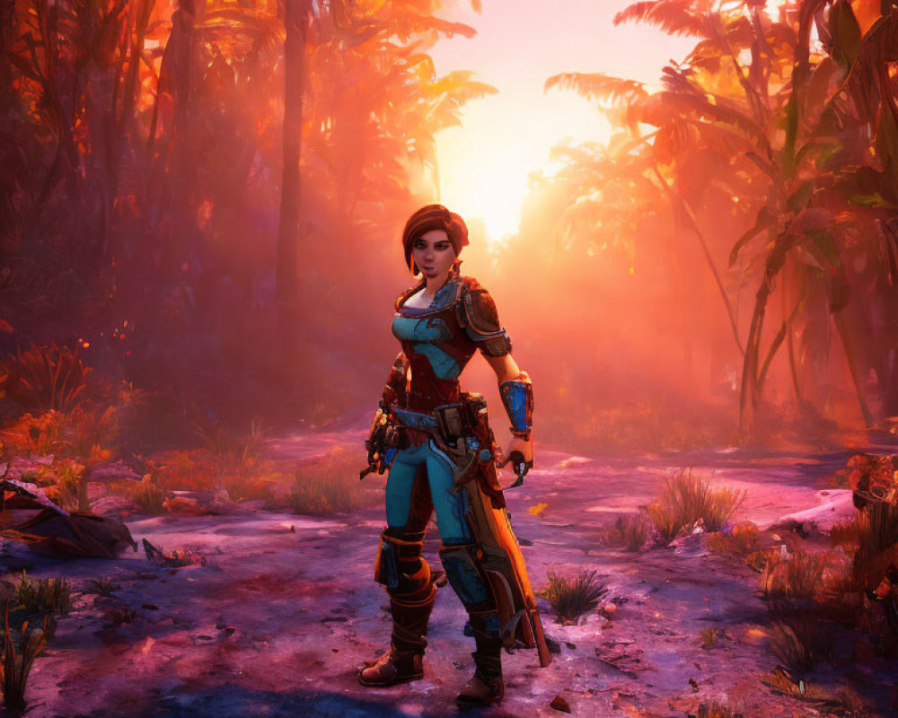 Female warrior in futuristic armor in lush jungle at sunset