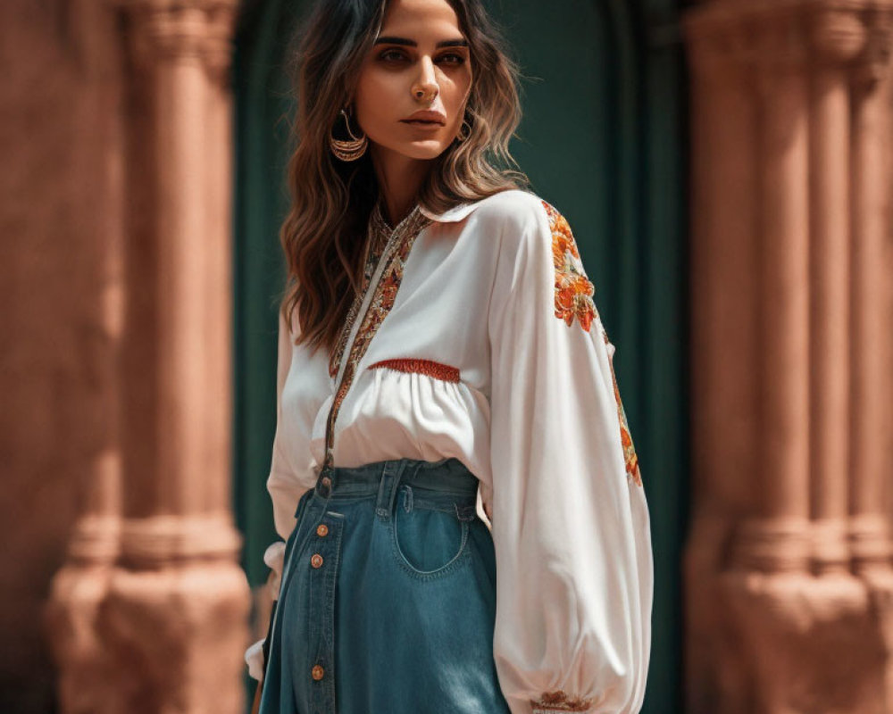 Woman with wavy hair and hoop earrings in floral blouse and jeans by arched doorway