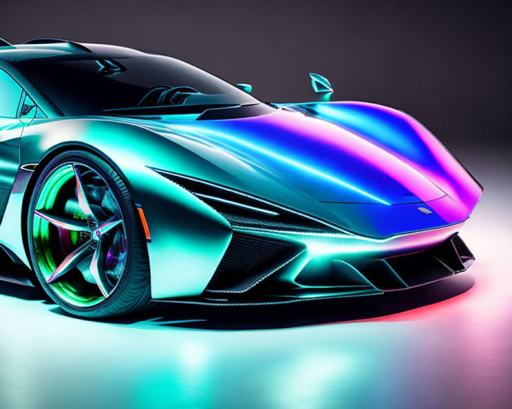 Modern sports car with iridescent paint in neon colors