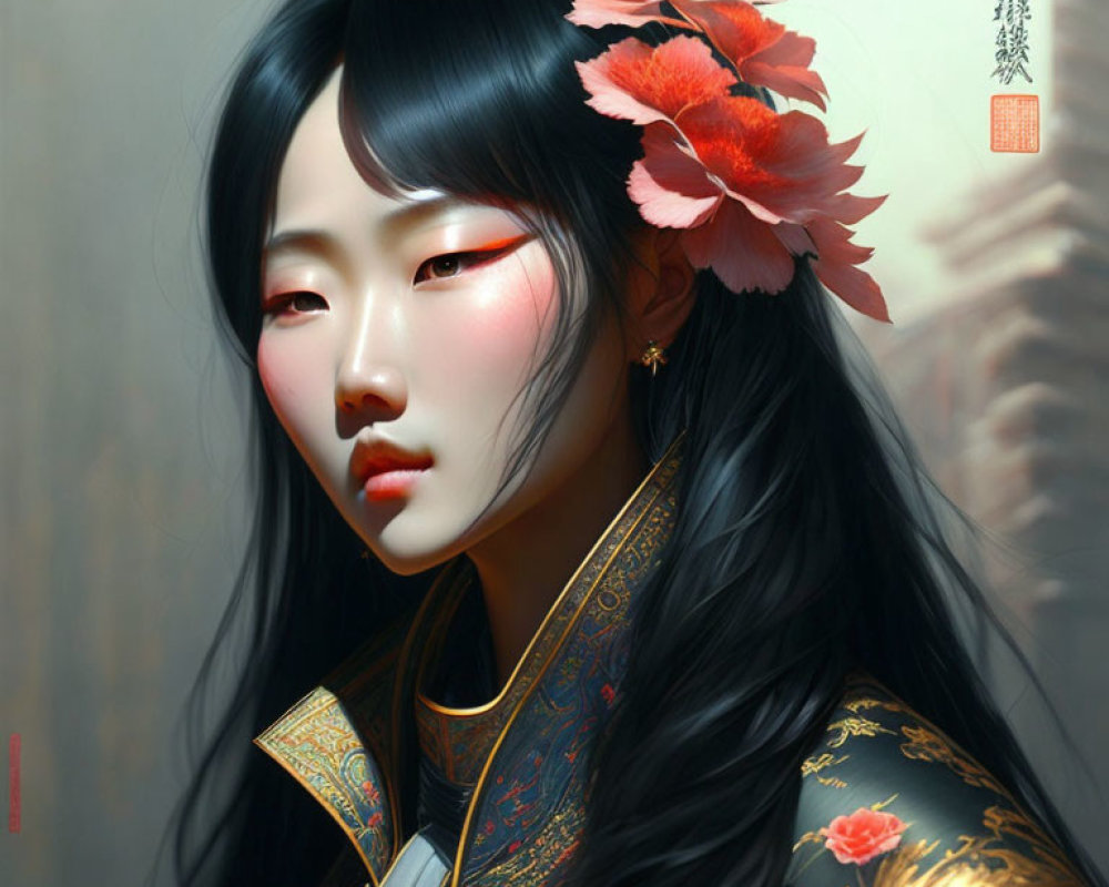 Digital painting of woman with long black hair in Asian attire & pink flowers.