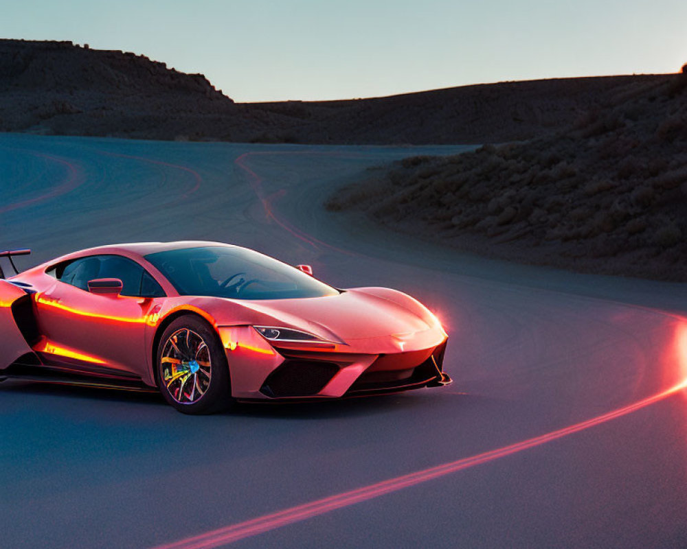 Speeding Red Sports Car on Road at Dusk with Light Trails