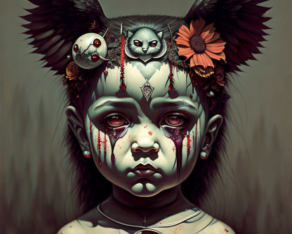 Child with dark angel wings and cat tattoo in surreal portrait