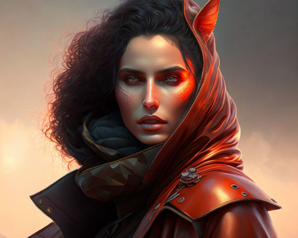 Digital Artwork: Woman with Fox-like Ear in Red Hooded Coat