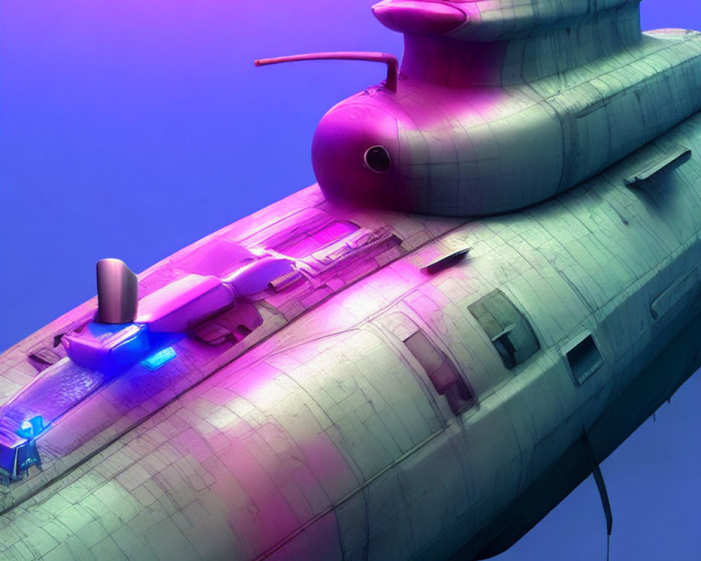 Futuristic 3D illustration of a sleek submarine in neon lights