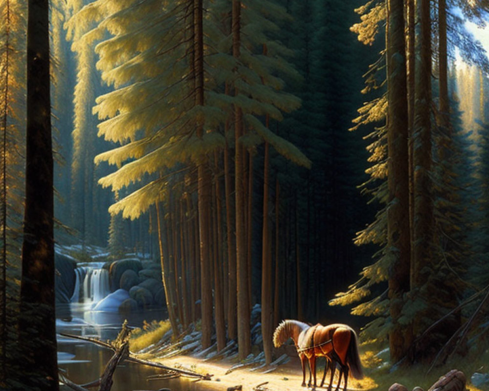 Tranquil forest scene with sunbeams, pine trees, stream, and horses