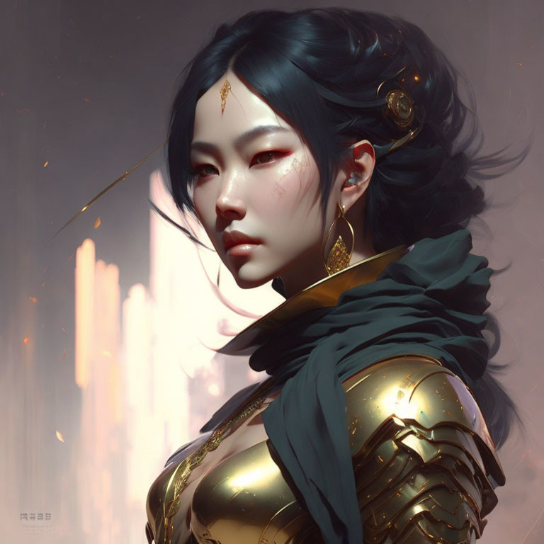 Dark-haired woman in golden armor and green cloak, contemplative gaze, cityscape backdrop.