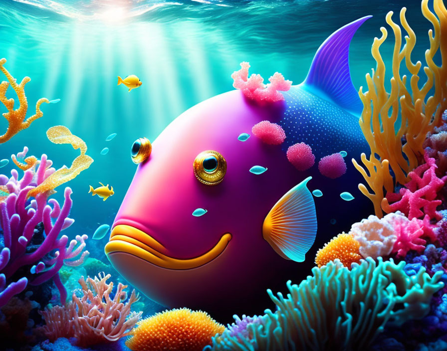 Colorful Cartoonish Purple Fish in Bright Coral Underwater Scene