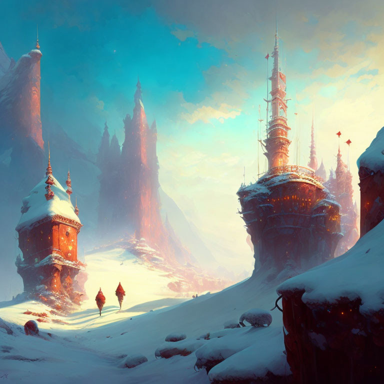 Snowy landscape with spires, travelers, and ornate castle at sunrise or sunset