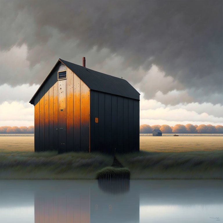 Dark barn under brooding sky with golden-lit door, reflective water, misty trees