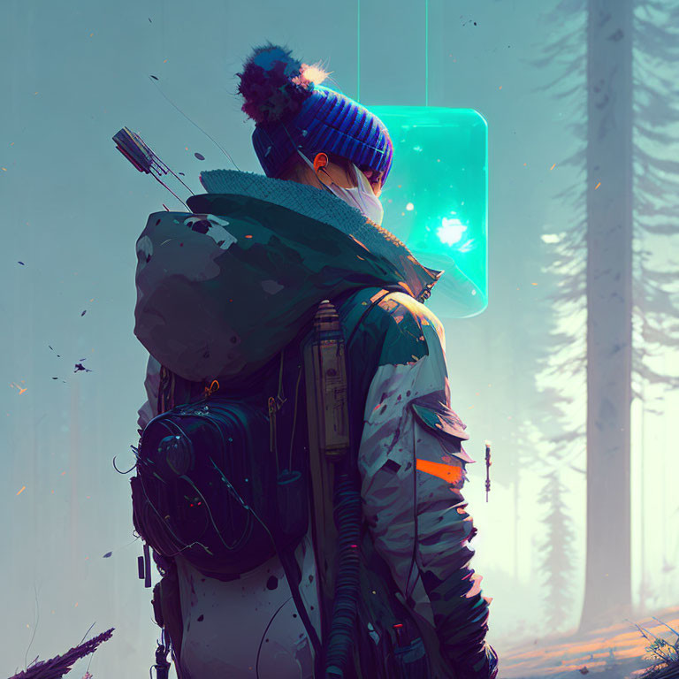 Person in Winter Attire with Backpack Facing Glowing Cube in Snowy Forest