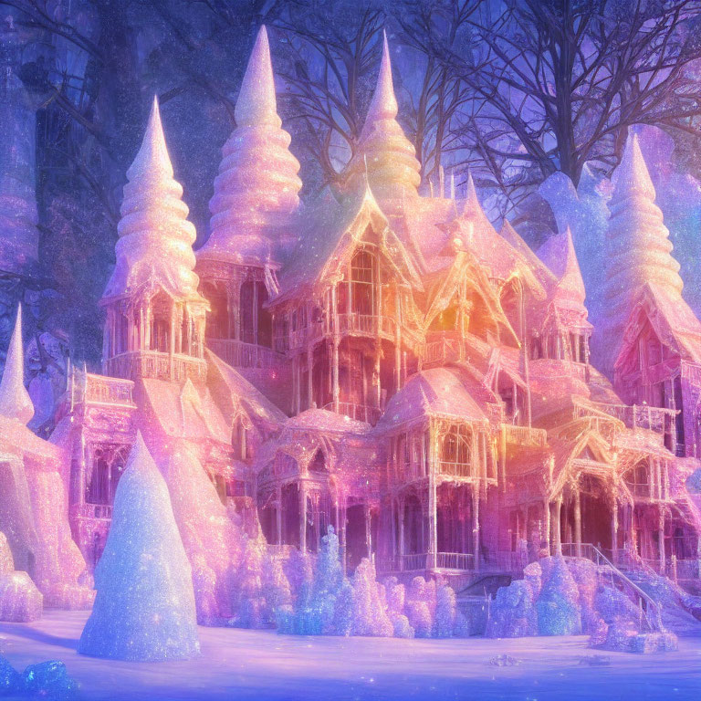 Mystical pink and purple ice palace in snowy forest