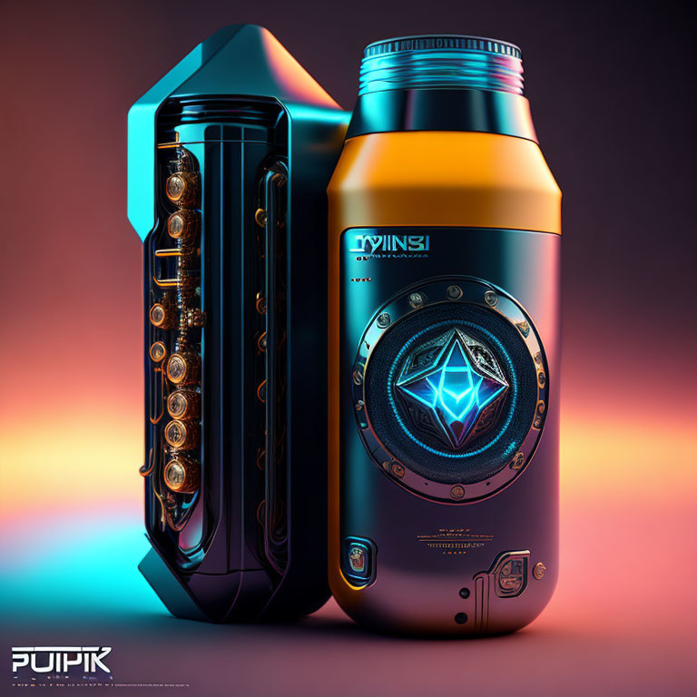 Futuristic Gaming PC Tower with Blue and Orange Lighting Next to Thematic Energy Drink Bottle