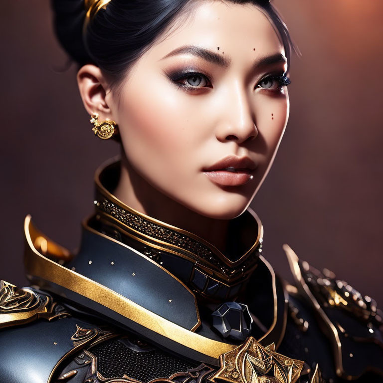 Woman in Striking Makeup Wearing Black and Gold Armor with Elegant Earrings