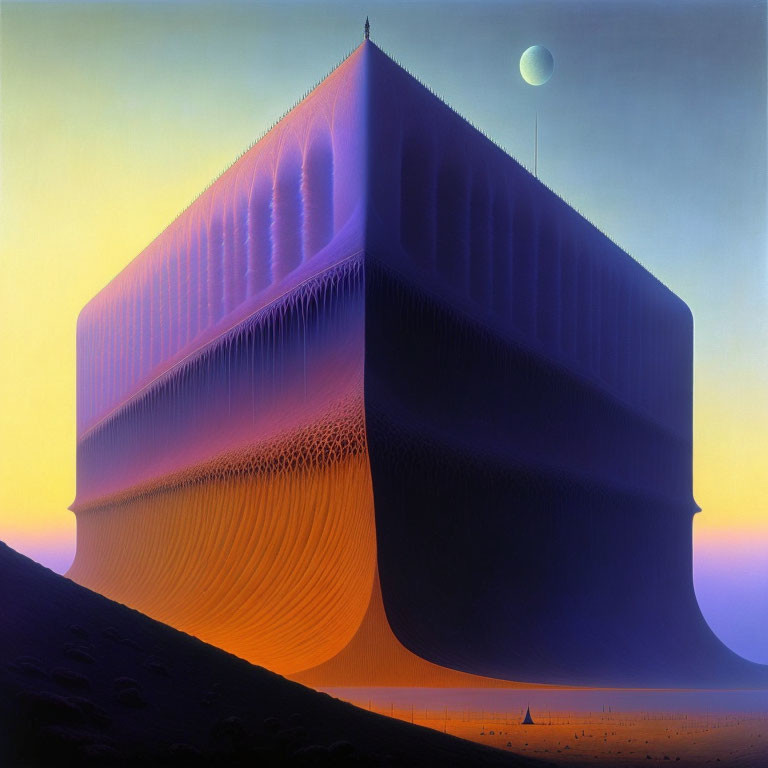 Surreal desert landscape with monolithic structure and crescent moon