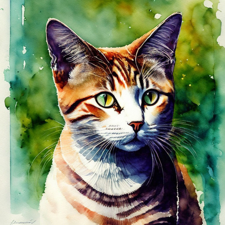 Colorful Watercolor Painting of Cat with Green Eyes and Orange/White Fur Patterns