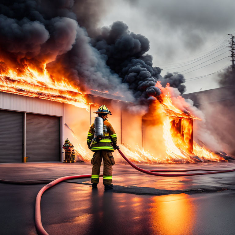 Firefighter battling raging inferno with hose as dark smoke billows