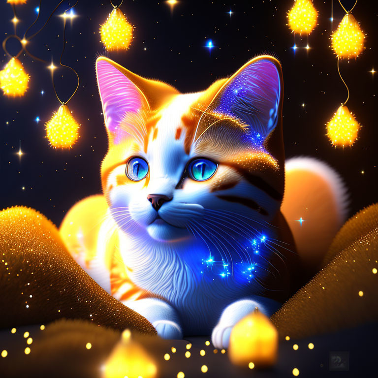 Digital Artwork: Orange and White Cat with Glowing Blue Eyes