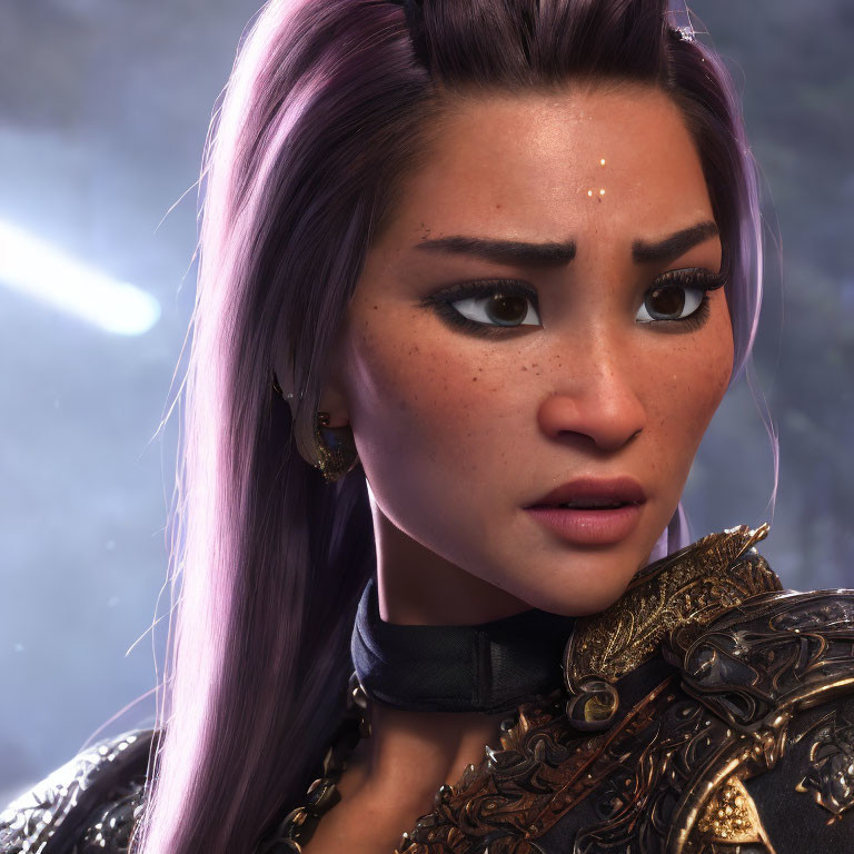 Detailed close-up of animated female character with purple hair and freckles in intricate armor, against soft