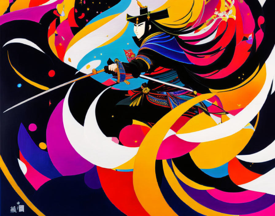 Colorful Samurai Illustration in Dynamic Action Against Black Background