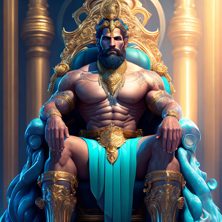 Muscular bearded character with golden crown and armor on throne in ornate hall