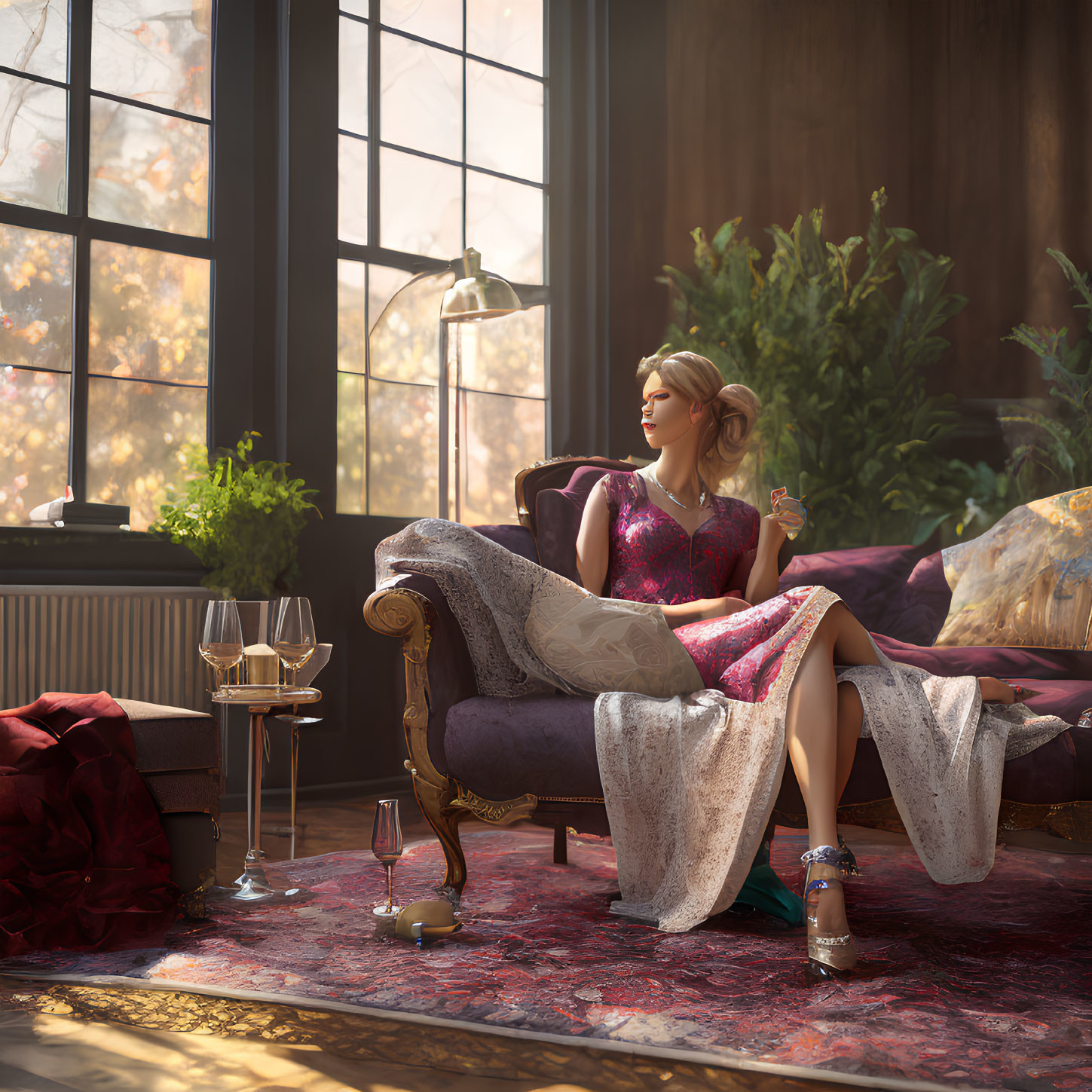 Woman relaxing in cozy room with glass, bathed in warm sunlight near large window.