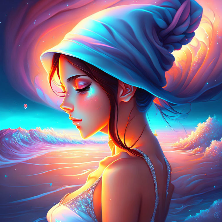 Vibrant blue and orange digital artwork of woman profile with dynamic sky