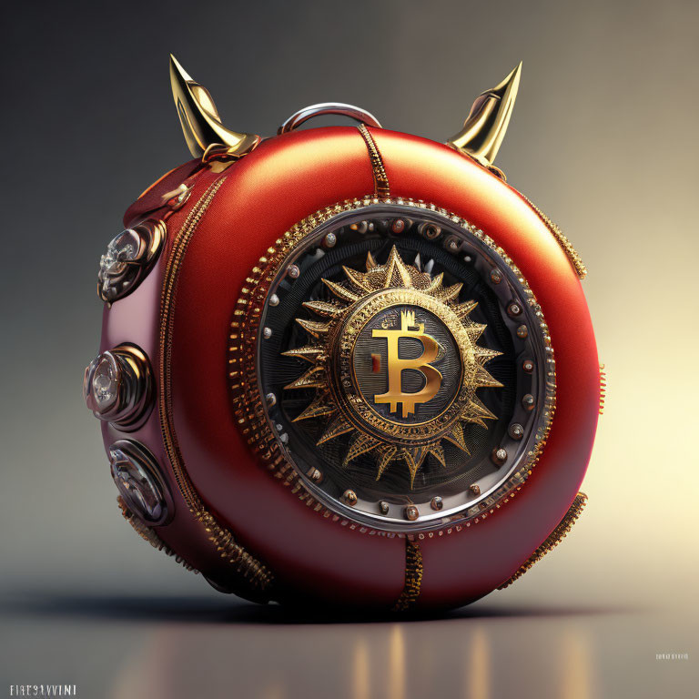 Round Red Safe with Bitcoin Symbol on Door in 3D Illustration