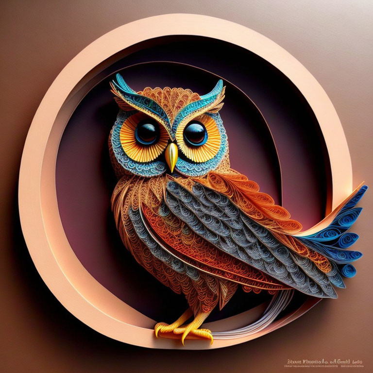 Colorful Paper Art Owl Perched in Concentric Circles on Brown Background