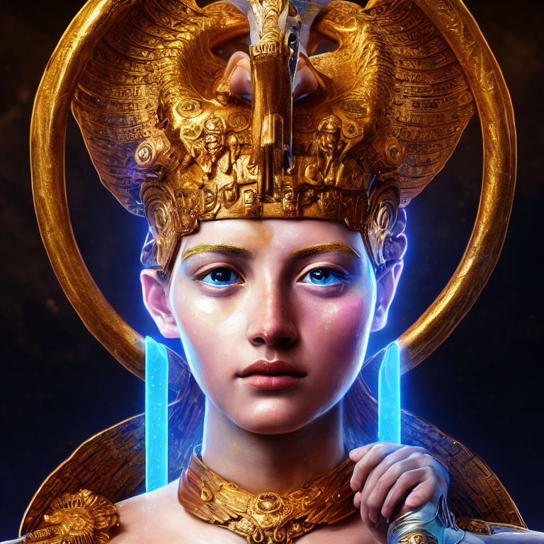 Detailed digital portrait: Woman with gold Egyptian headdress, blue glowing eyes, and ornate collar.