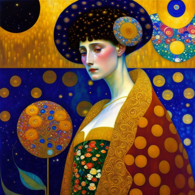 Colorful portrait of woman with starry background and Klimt-inspired landscape