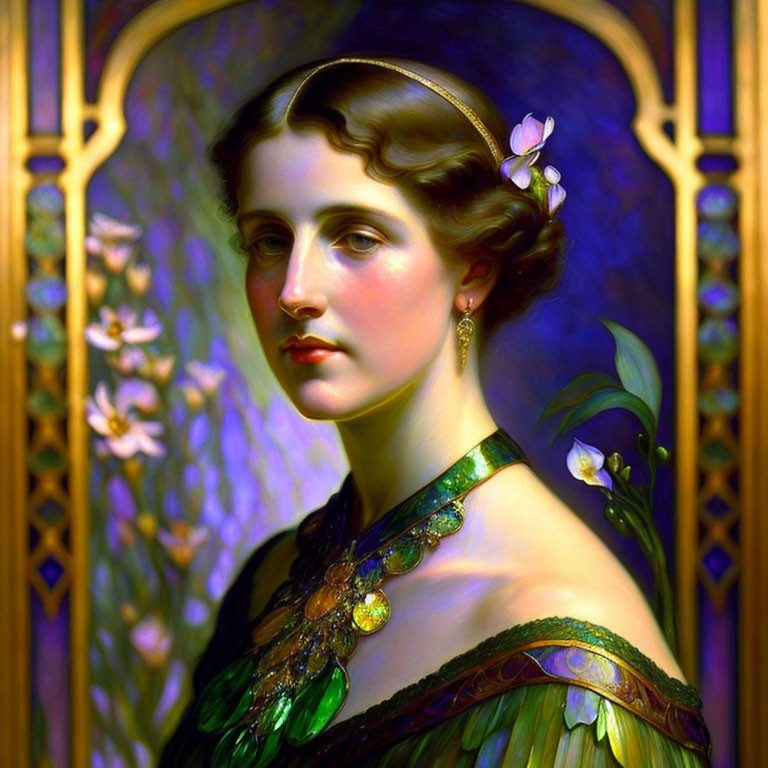 Portrait of woman with flowers in hair and jeweled necklace against stained glass backdrop.