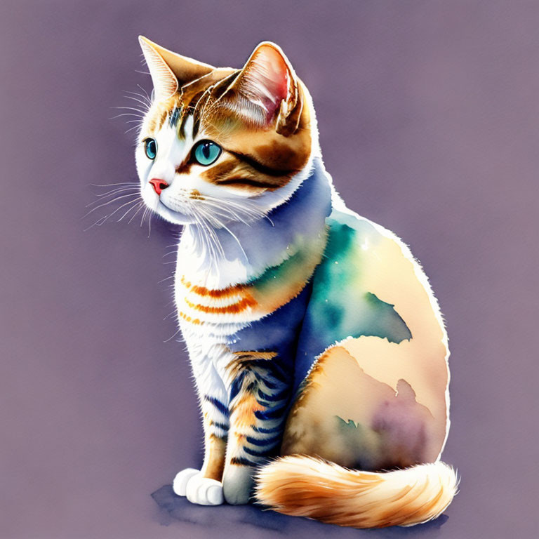 Colorful Watercolor Cat Illustration on Soft Purple Background